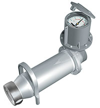 Image of a silver flow meter with handle, grey electronics