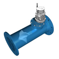 An image of a flanged blue flow meter and white electronics 