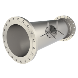 V-Cone: An isometric view of a flanged, silver flow meter.