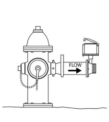 A side profile drawing of a fire hydrant, flow meter, and the word “flow” above an arrow