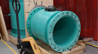 Image of a large line size Ultra Mag electromagnetic flow meter at the factory.
