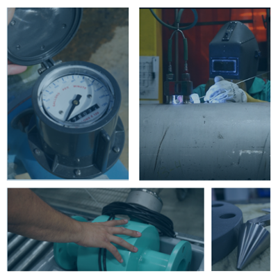 A photo collage of flow meters and welders