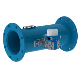 VM V-Cone: A flanged, blue flow meter with electronics on the side.