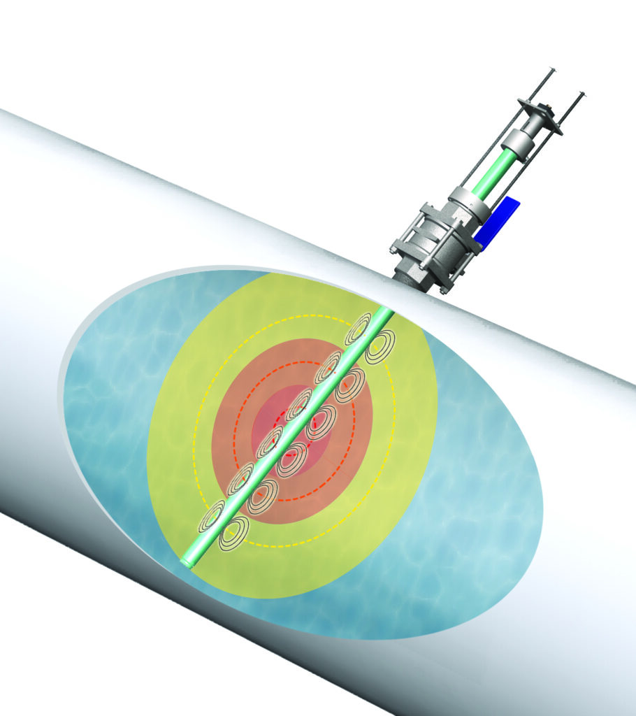 A rendered image of McCrometer’s FPI Mag in a pipe showing the cross-section electrode measurement areas.